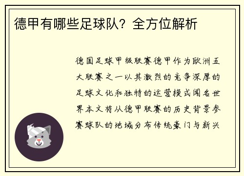 德甲有哪些足球队？全方位解析