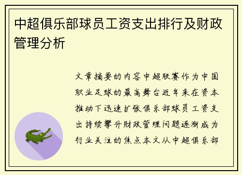 中超俱乐部球员工资支出排行及财政管理分析